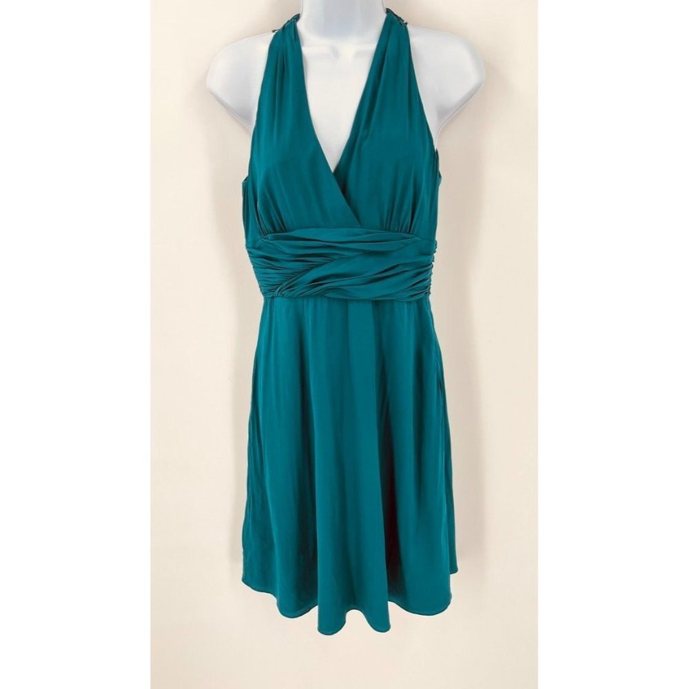 Ann Taylor Halter Mini Dress Silk Teal Green Ruched Waist Size 2 , Formal, Prom